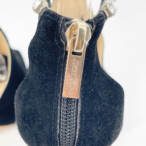 Jimmy Choo Farah Black Suede Crystal Trim Peep Toe Platform Pump Sandal IT 37.5 - Picture 8 of 11